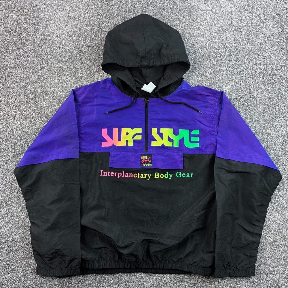 Vintage Surf Style Windbreaker Jacket Mens Black Purple Interplanetary Body Gear